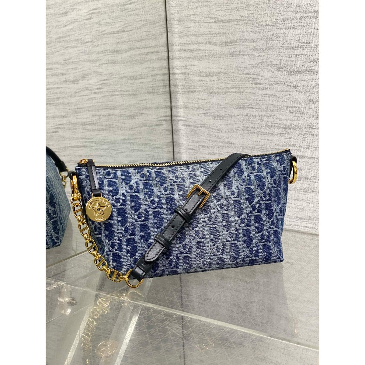 Dior Diorstar Hobo Bag with Chain in Blue Denim Oblique Jacquard High Quality Replica